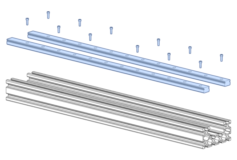 fasten the MGN15 500mm Rails to the 500mm extrusion screwing M3x10mm SHCS into the spring t-nuts inside the profil