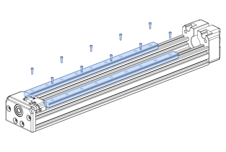 fasten the MGN15 350mm Rails to the 470mm extrusion screwing M3x10mm SHCS into the spring t-nuts inside the profil