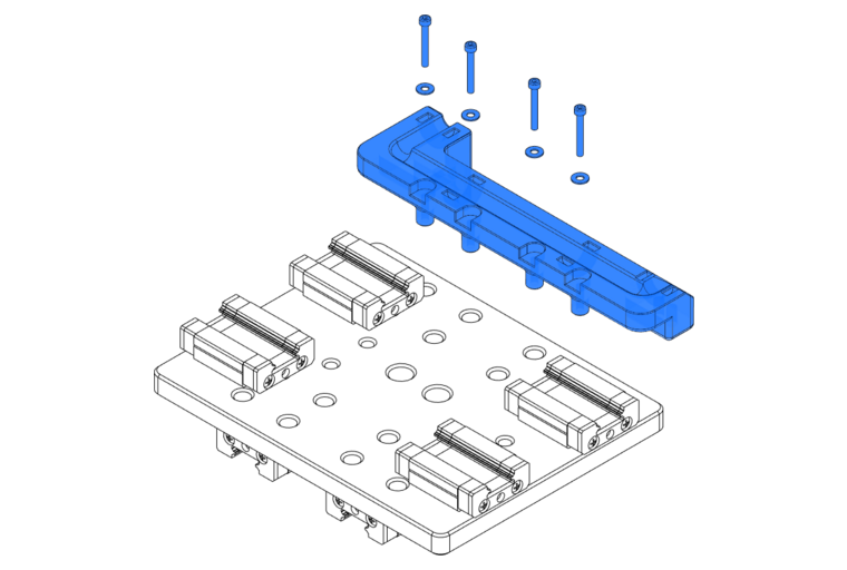 fasten the XY Drag Chain Transition to the XY plate using M3x20mm SHCS stacked with one M3 washer