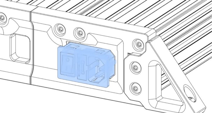 Push-fit AC inlet into the rear of the electronics table skirt